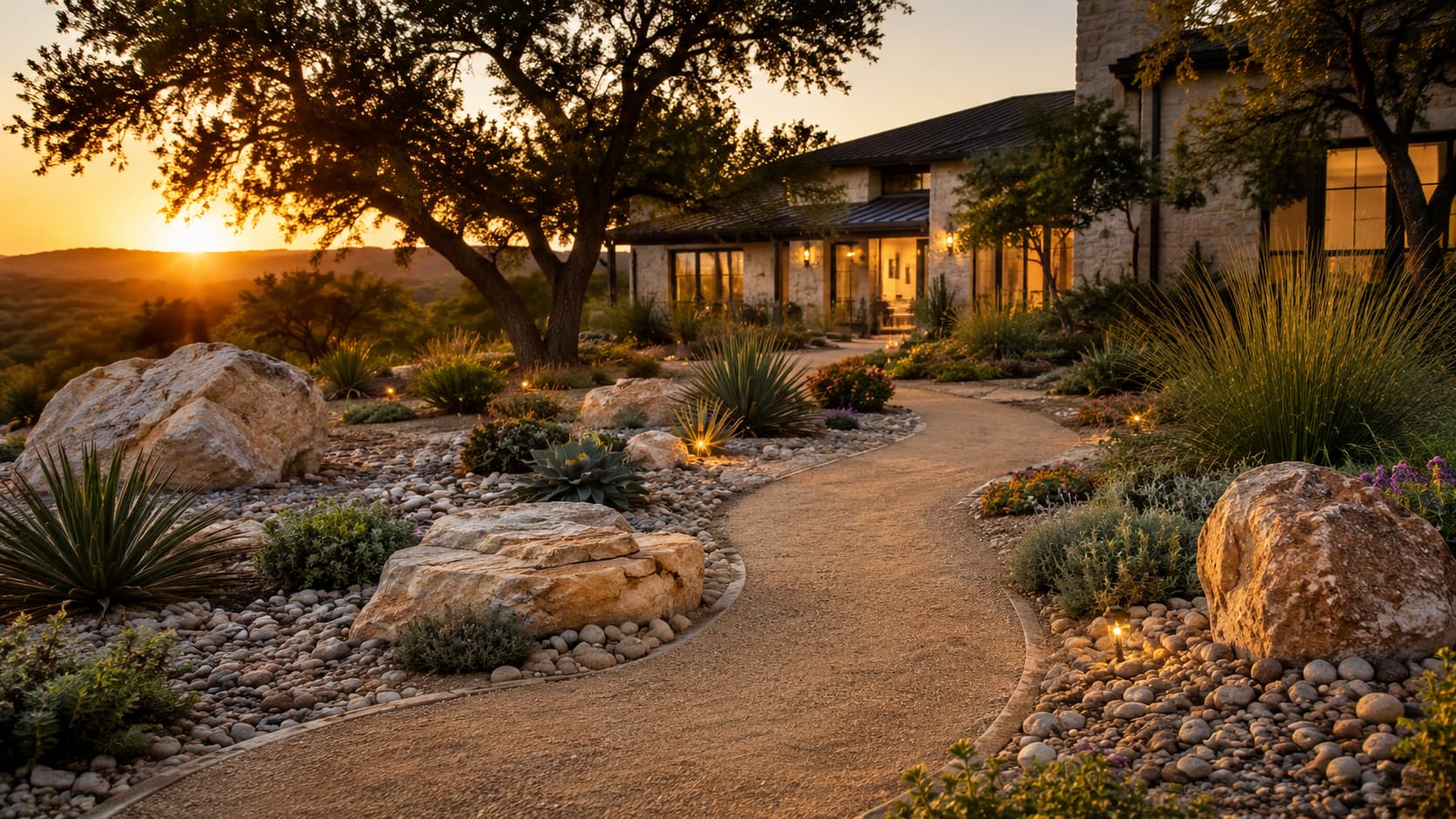 A decomposed granite pathway winding past natural stone borders, river rock beds, and drought-tolerant native plants