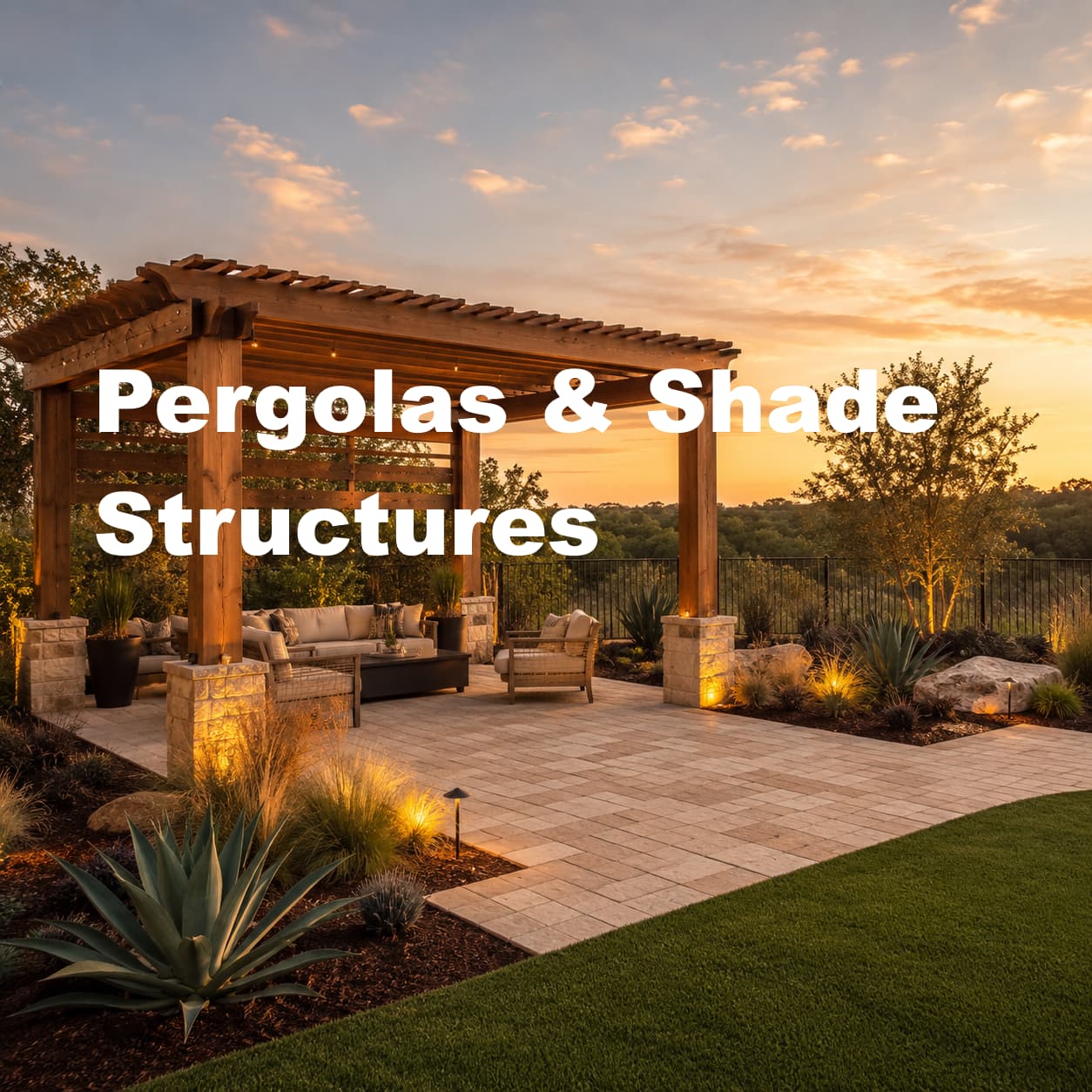 Cedar pergola shading a stone patio