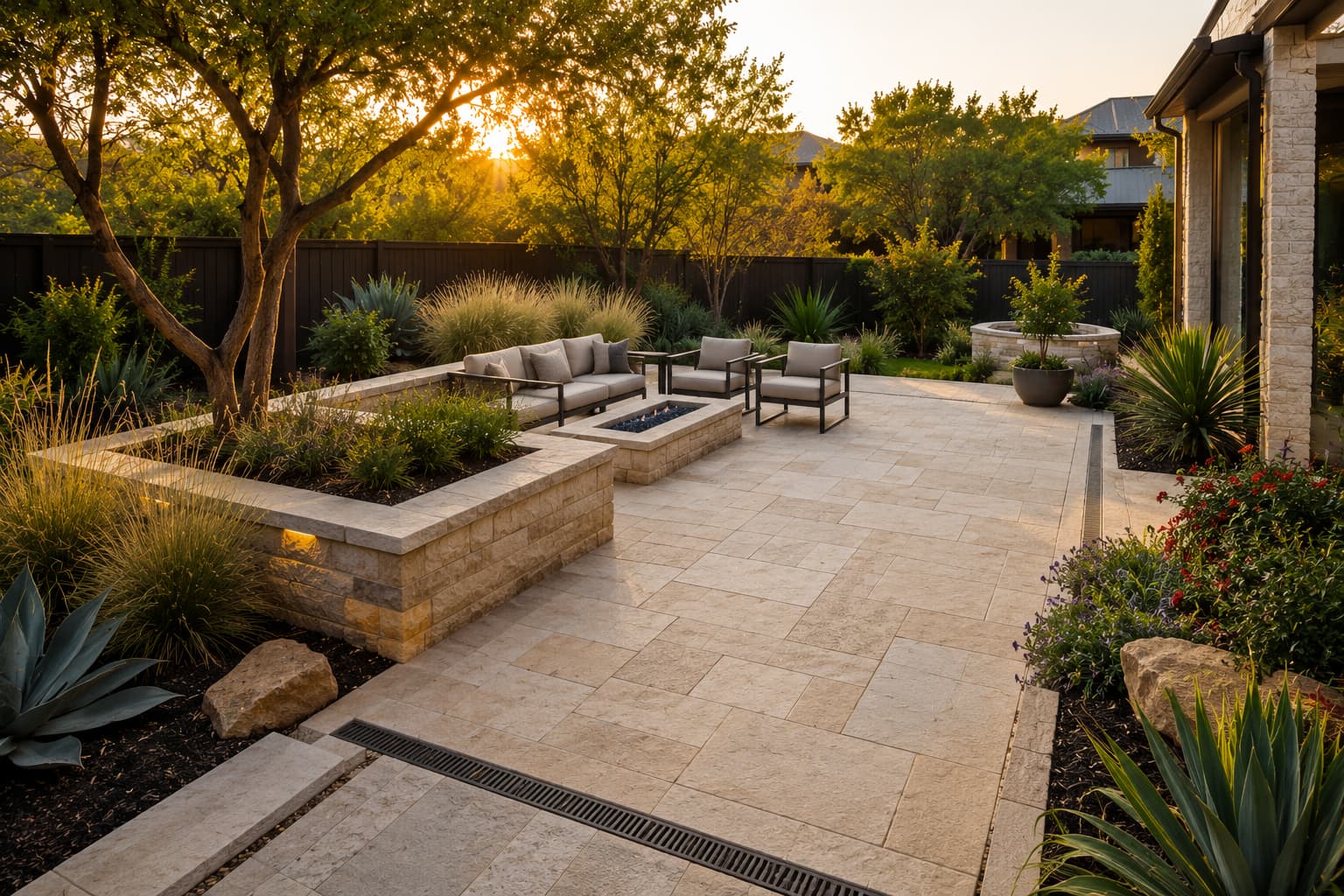 Flagstone patio and stone retaining wall with a dry creek bed